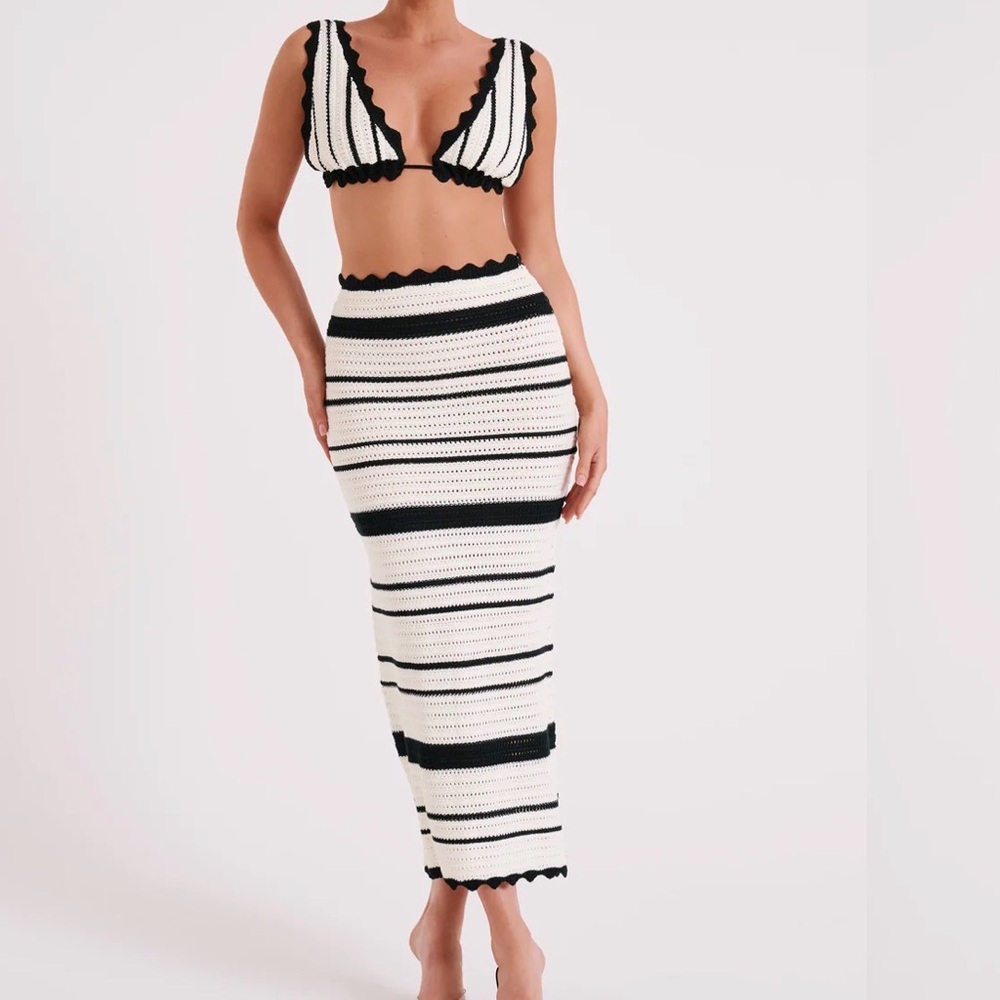 Meshki Black and White Striped Crochet Maxi Skirt